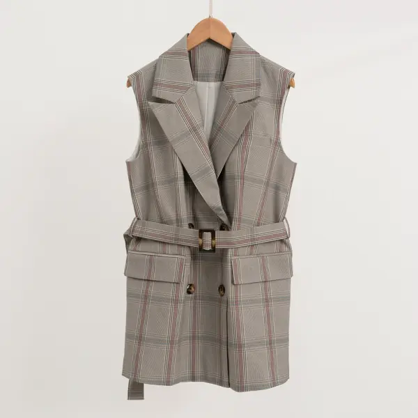 Double‑Breasted Midi Vest with Belt in Royal Check image 5
