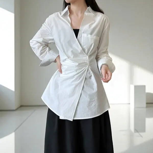 Wrap-Style Cotton Shirt with Gathered Waist image 3