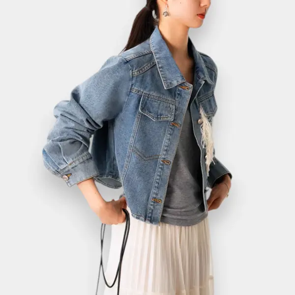 Indigo Denim Short Jacket with Tassel Details on Chest Pocket image 2