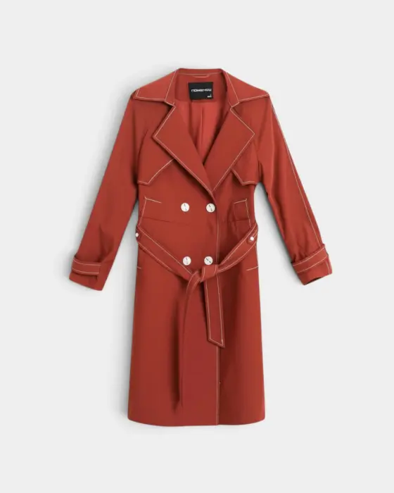 Double-Breasted Trench Coat with Contrast Stitching and Belt image 7