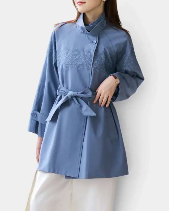 French Temperament Lash Lace Edge Trench Coat with Stand‑Up Collar  image 1
