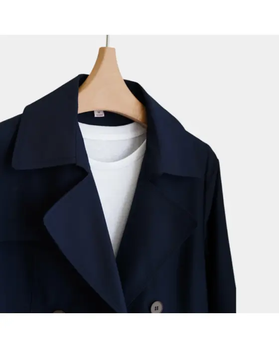 Navy Double‑Breasted Trench Coat with Brown Cuffs image 7
