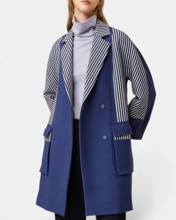 Wool Blend Coat with Plaid Contrast and Snap Closure image 5