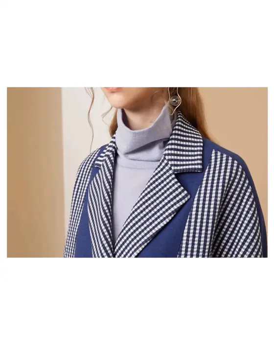Wool Blend Coat with Plaid Contrast and Snap Closure image 7