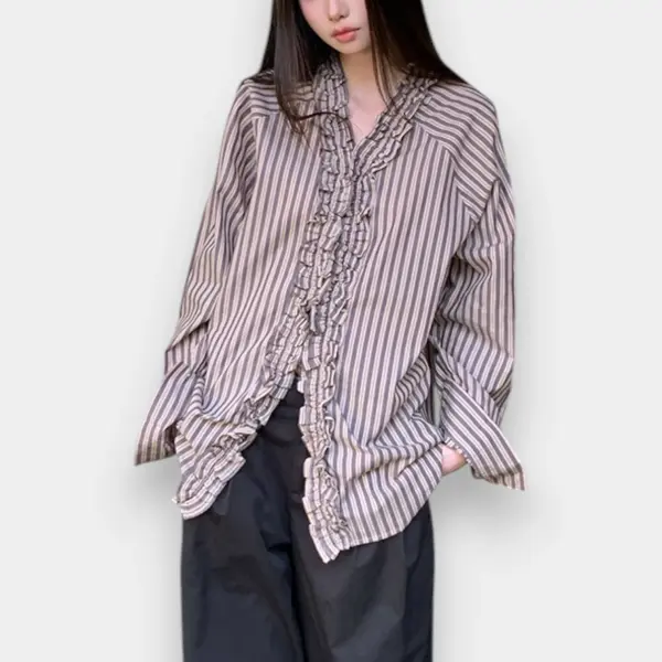Ruffled V-Neck Striped Cotton Shirt image 0