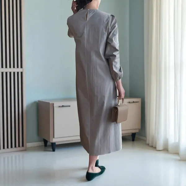 Structured Light Gray Long Sleeve Dress with Belt – Cotton Blend Comfort image 1