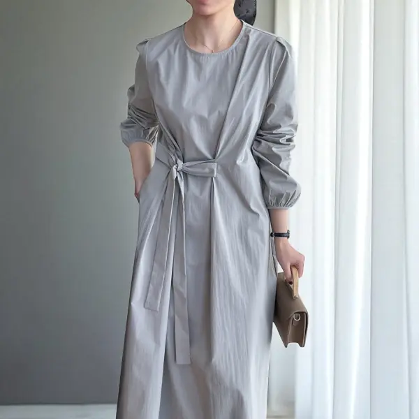 Structured Light Gray Long Sleeve Dress with Belt – Cotton Blend Comfort image 4