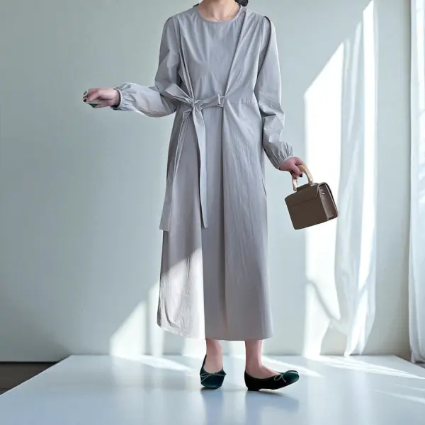 Structured Light Gray Long Sleeve Dress with Belt – Cotton Blend Comfort image 3
