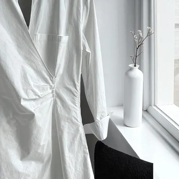 Wrap-Style Cotton Shirt with Gathered Waist image 11