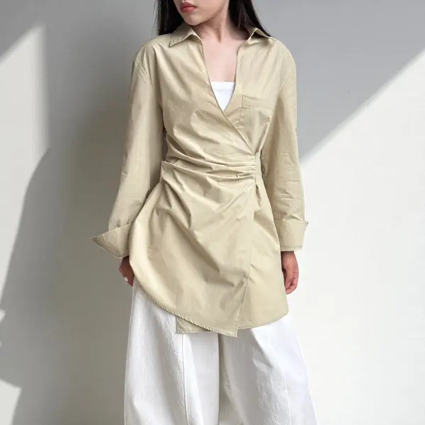 Wrap-Style Cotton Shirt with Gathered Waist image 0