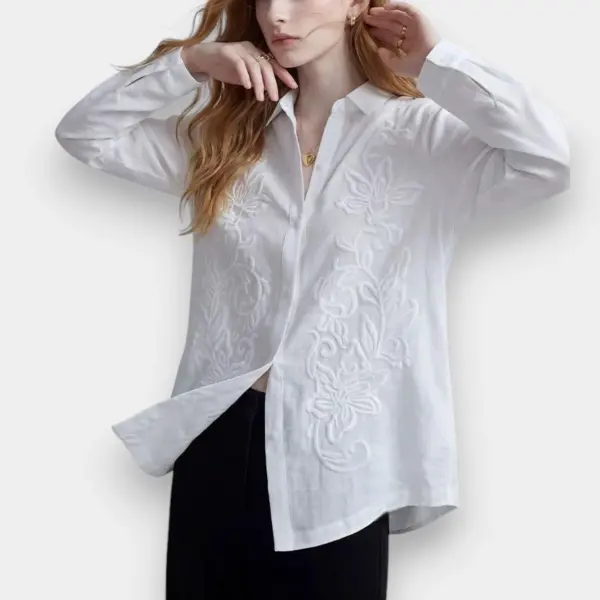 White Tencel-Linen Shirt with 3D Embroidery image 4