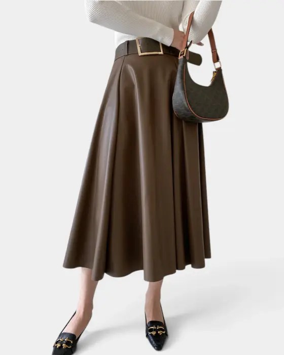 High Waist Faux Leather Flared Skirt with Belt image 5