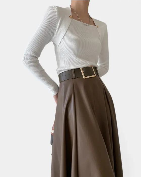 High Waist Faux Leather Flared Skirt with Belt image 7