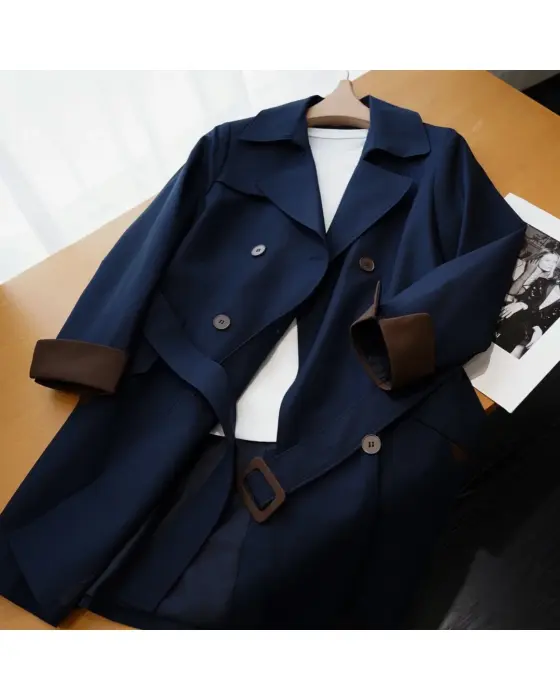 Navy Double‑Breasted Trench Coat with Brown Cuffs image 6