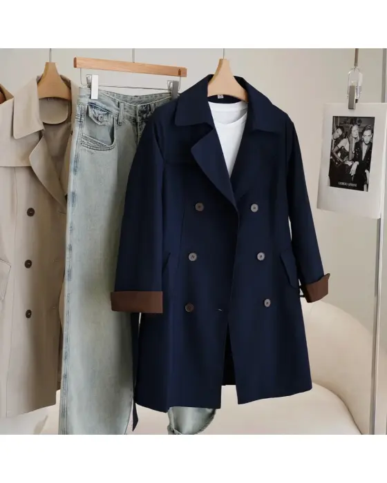 Navy Double‑Breasted Trench Coat with Brown Cuffs image 4