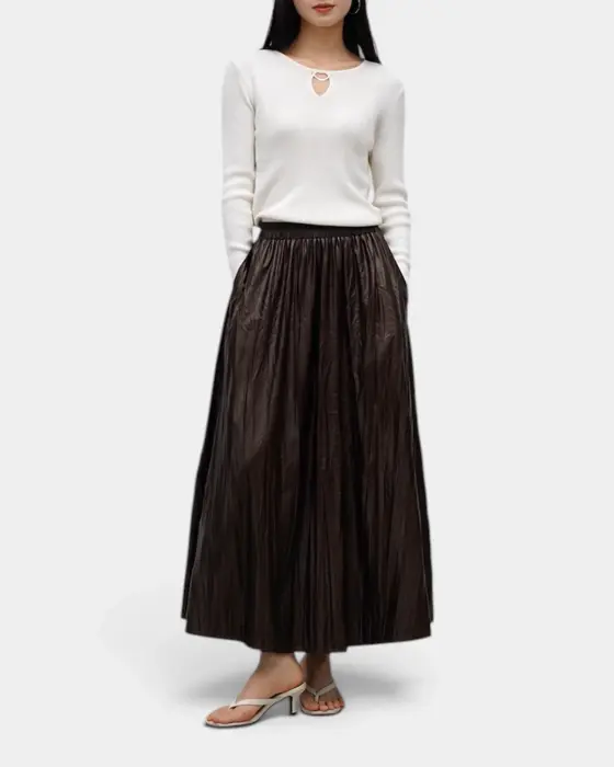 Glossy Pleated Flared Midi Skirt with Elastic Waistband image 2