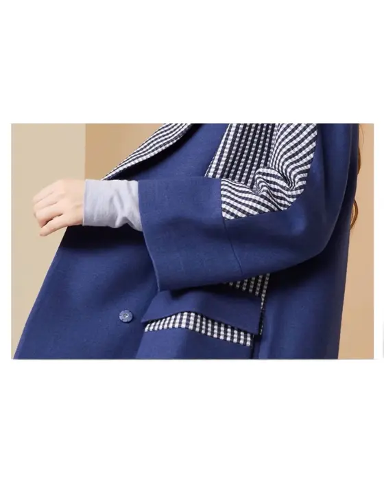 Wool Blend Coat with Plaid Contrast and Snap Closure image 8