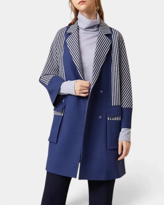 Wool Blend Coat with Plaid Contrast and Snap Closure image 1