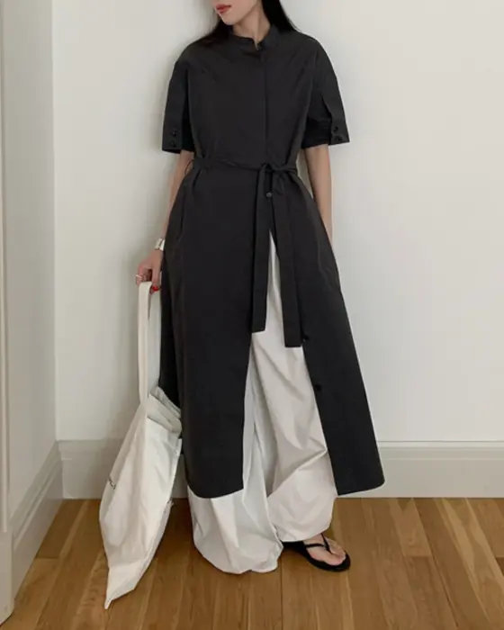Organic Cotton Stand-Up Collar Dress with Belt-Navy Blue-Free Size image 1