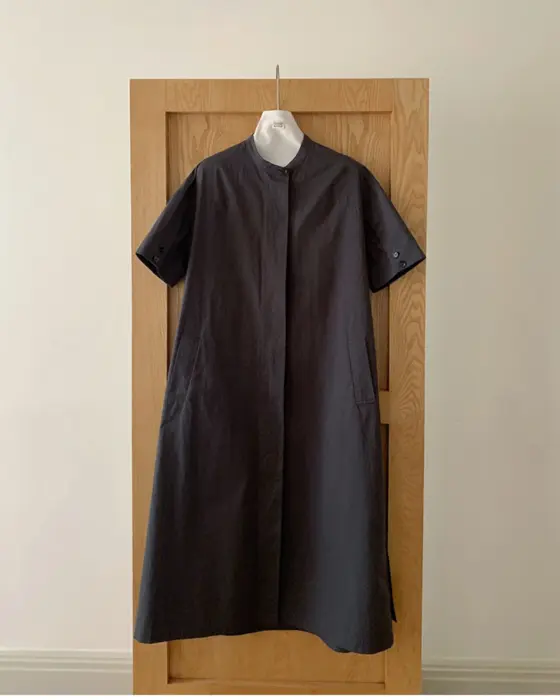 Organic Cotton Stand-Up Collar Dress with Belt-Navy Blue-Free Size image 10