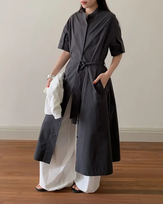 Organic Cotton Stand-Up Collar Dress with Belt-Navy Blue-Free Size image 2