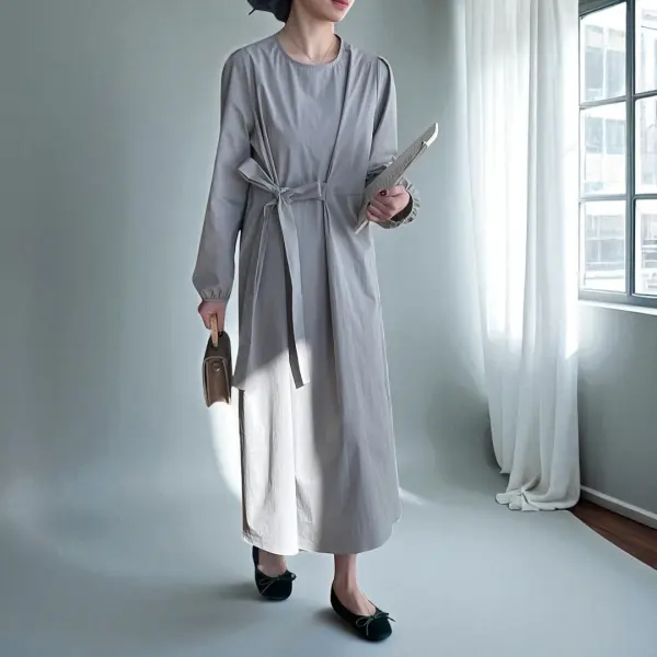 Structured Light Gray Long Sleeve Dress with Belt – Cotton Blend Comfort image 0