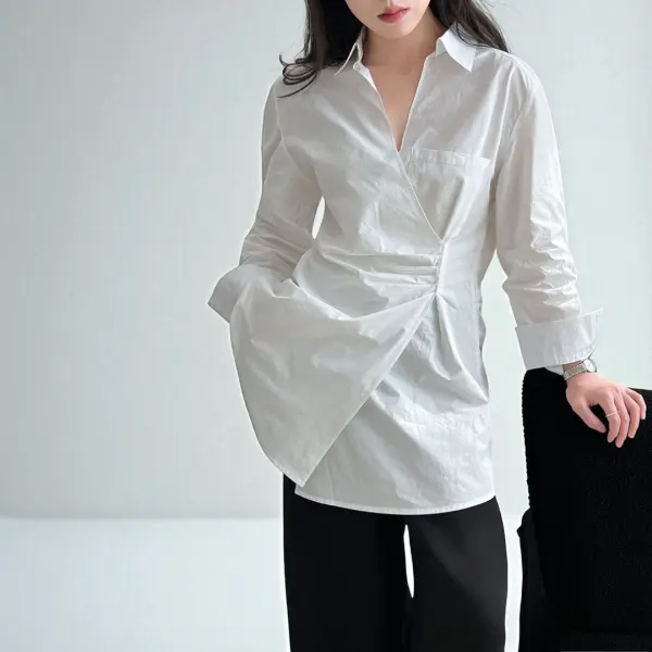 Wrap-Style Cotton Shirt with Gathered Waist image 1
