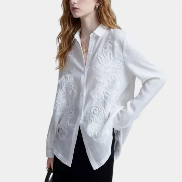 White Tencel-Linen Shirt with 3D Embroidery image 2