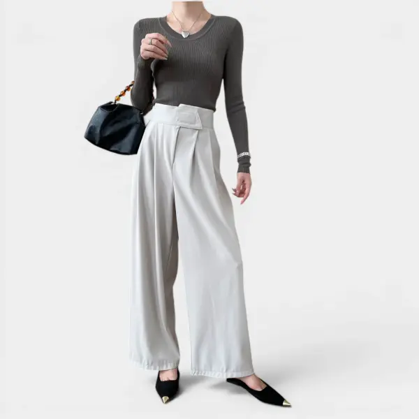 Wide-Leg Pleated Pants with Velcro High Waist image 1