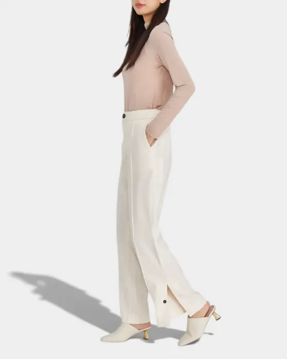 High-Waisted Cream Pants with Button Details and Side Slits image 3