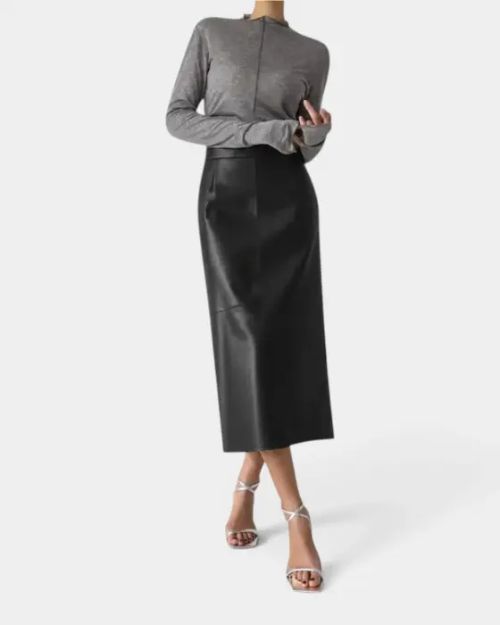 High Waist Stretch Pu Leather Back Slit Skirt image 3