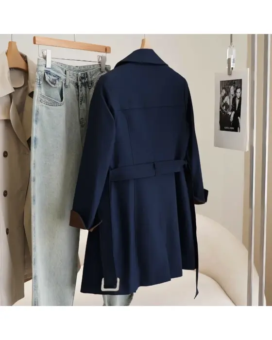 Navy Double‑Breasted Trench Coat with Brown Cuffs image 5
