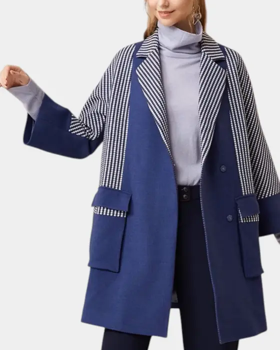 Wool Blend Coat with Plaid Contrast and Snap Closure image 6