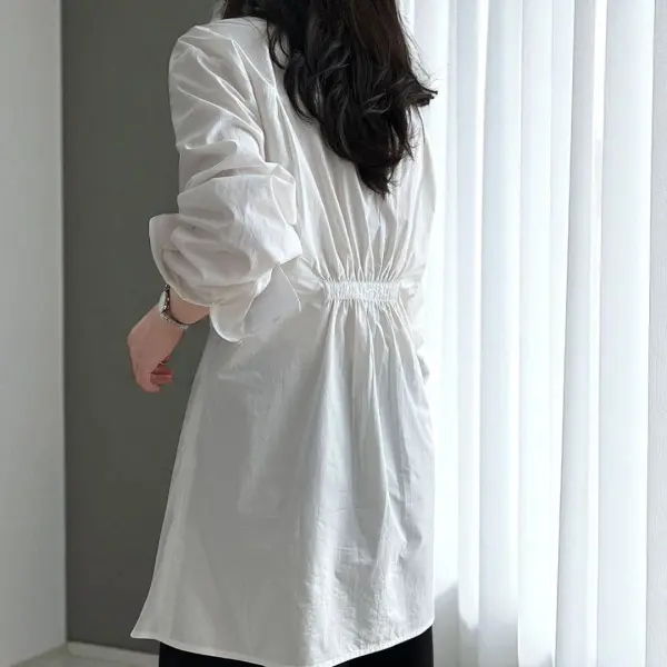 Wrap-Style Cotton Shirt with Gathered Waist image 5