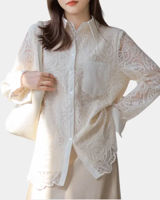 French Hollow Hook Flower Shirt – Romantic Lace & Loose Fit image 2