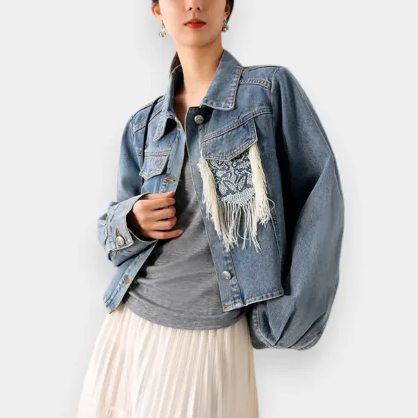 Indigo Denim Short Jacket with Tassel Details on Chest Pocket image 0