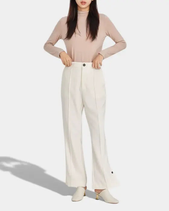 High-Waisted Cream Pants with Button Details and Side Slits image 1