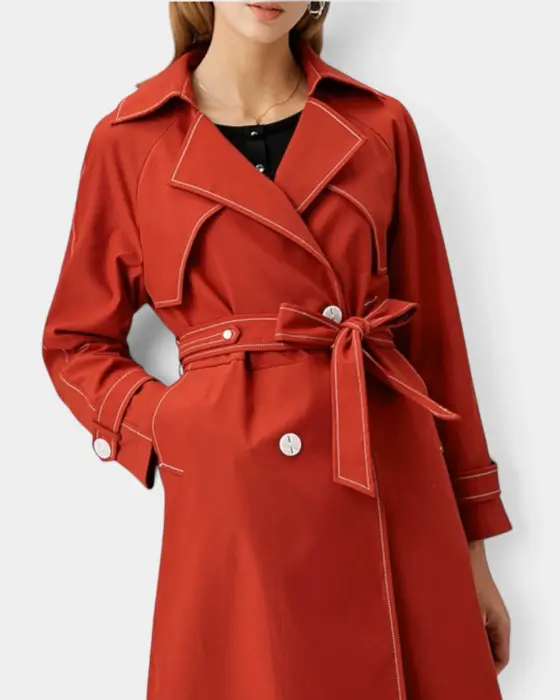 Double-Breasted Trench Coat with Contrast Stitching and Belt image 6