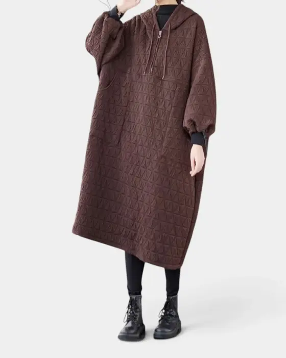 Textured Hooded  Dress / Brown / Free Size image 3