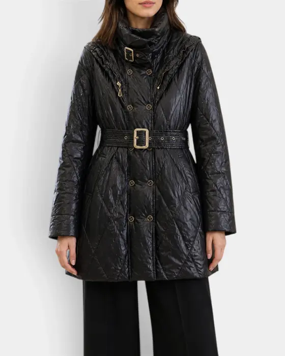 Quilted Puffer Coat with White Duck Down Filling and Gold Tone Details image 0