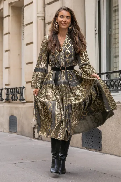 WOMEN FRENCH DRESS-GOLD-GREY-01 image 2