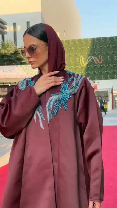 Satinfy Burgundy Abaya With Blue crystals on top  image 1