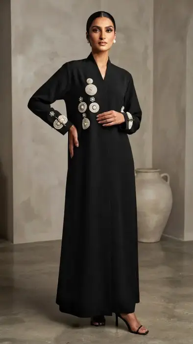R. Black abaya with round elegant pearls style on sides and sleeves 1750 image 0