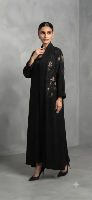 T. Black abaya with embroidery and crystals and in the middle plain scarf style   image 0