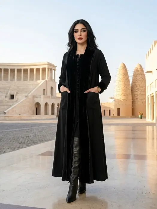 Winter abaya with black velvet and buttons in middle image 1