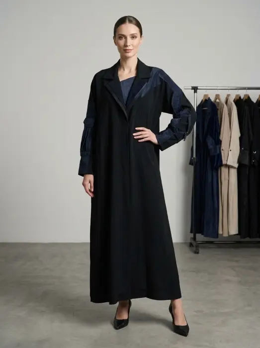 Winter black abaya with some blue velvet touch image 0