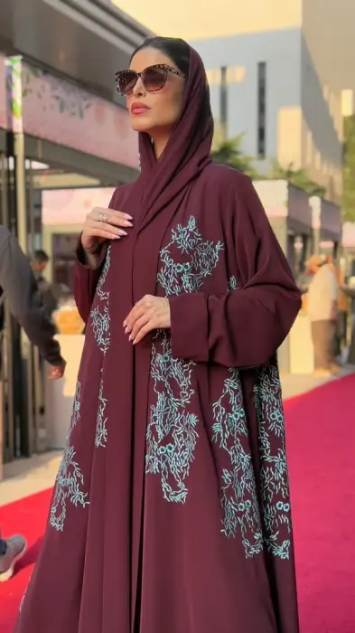  Burgundy Abaya With Blue embroidery image 3