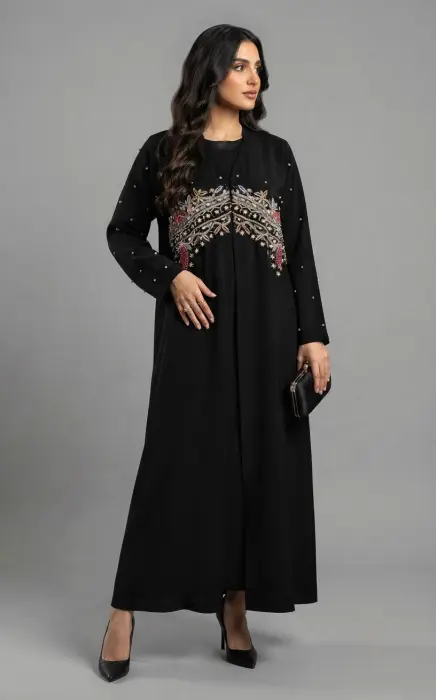 T. Black abaya with  crystals in red and black in the middle heart  with some pearls on arms -Free Size-Black image 0