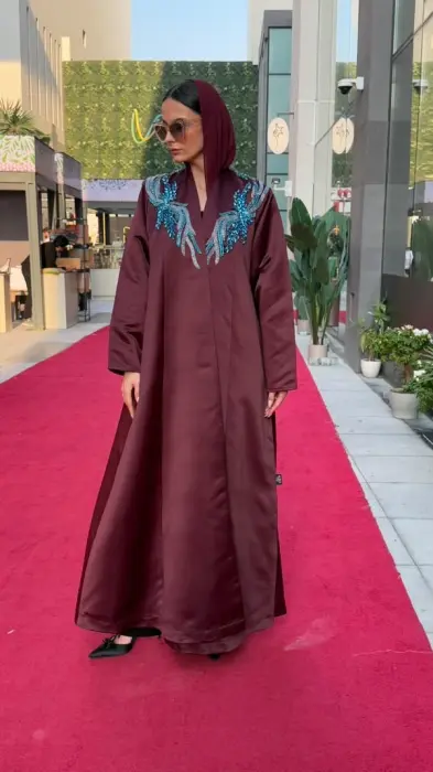Satinfy Burgundy Abaya With Blue crystals on top  image 2