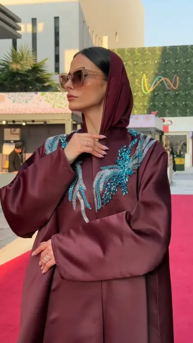 Satinfy Burgundy Abaya With Blue crystals on top  image 0
